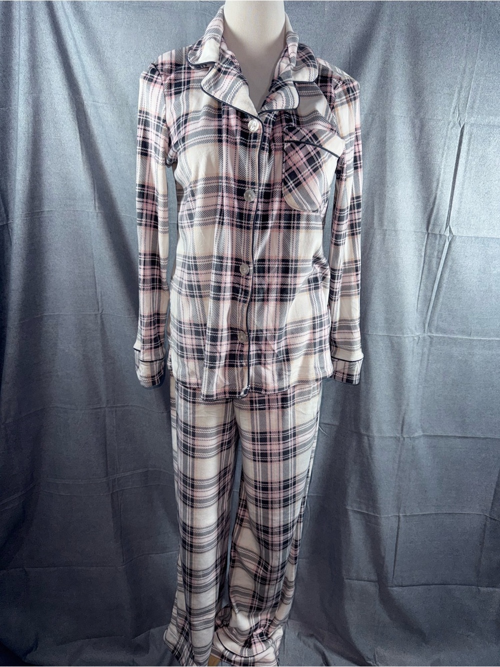 2460-Joyspun Women's Pink and White Plaid Button-Front Pajama Set